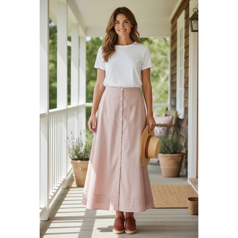 Lauren Ralph Lauren Maxi Skirt 16 Pink Button Front Cotton Pintuck Hem Pockets
